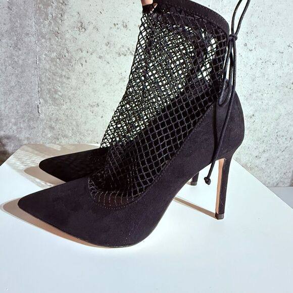 Zara Suede Black Fishnet Sock Heels Shoes Sz 38(7.5) - Picture 3 of 13